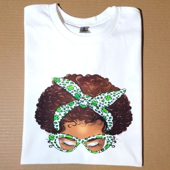 St Patrick Day Shamrock, Afro Messy Bun Custom Made T-Shirt - NWT - Picture 4 of 7